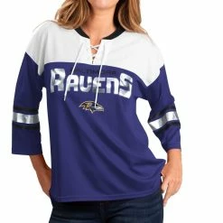New ✨ Women's G-III 4Her By Carl Banks Purple/White Baltimore Ravens Double Team 3/4-Sleeve Lace-Up T-Shirt ✨ -women‘s clothing store unnamed file 1036