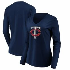 Outlet ✨ Women's Fanatics Branded Navy Minnesota Twins Core Team Long Sleeve V-Neck T-Shirt 🔔