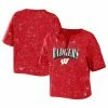 Coupon 🎉 Women's WEAR By Erin Andrews Red Wisconsin Badgers Bleach Wash Splatter Notch Neck T-Shirt ✨ -women‘s clothing store unnamed file 1168
