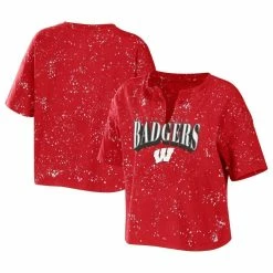 Coupon 🎉 Women's WEAR By Erin Andrews Red Wisconsin Badgers Bleach Wash Splatter Notch Neck T-Shirt ✨