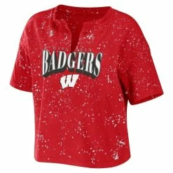 Coupon 🎉 Women's WEAR By Erin Andrews Red Wisconsin Badgers Bleach Wash Splatter Notch Neck T-Shirt ✨ -women‘s clothing store unnamed file 1170