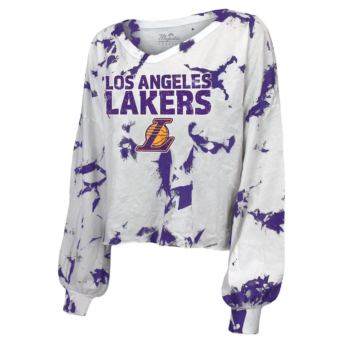 Coupon 🥰 Women's Majestic Threads White Los Angeles Lakers Aquarius Tie-Dye Cropped V-Neck Long Sleeve T-Shirt ✨ 5 Coupon 🥰 Women's Majestic Threads White Los Angeles Lakers Aquarius Tie-Dye Cropped V-Neck Long Sleeve T-Shirt ✨ - Image 3