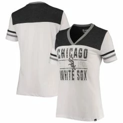 Hot Sale 🔔 Women's New Era White/Heathered Black Chicago White Sox Colorblock V-Neck T-Shirt 😉
