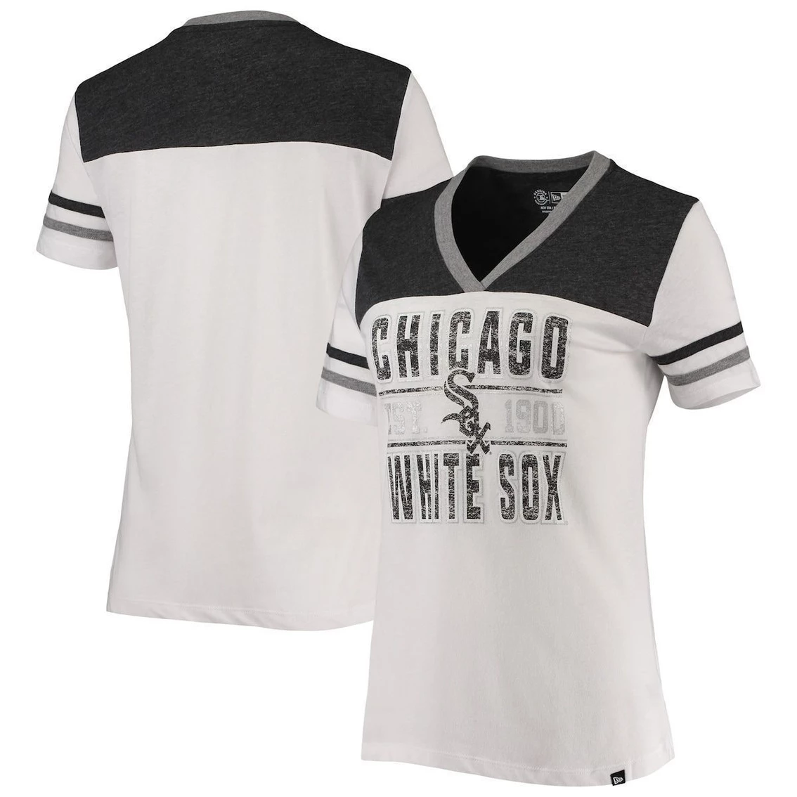 Hot Sale π Women's New Era White/Heathered Black Chicago White Sox Colorblock V-Neck T-Shirt π 4 Hot Sale π Women's New Era White/Heathered Black Chicago White Sox Colorblock V-Neck T-Shirt π - Image 2