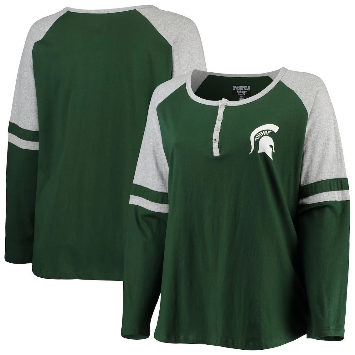Discount π€© Profile π© Women's Green/Heathered Gray Michigan State Spartans Plus Size Henley Raglan Long Sleeve T-Shirt π 4 Discount π€© Profile π© Women's Green/Heathered Gray Michigan State Spartans Plus Size Henley Raglan Long Sleeve T-Shirt π - Image 2