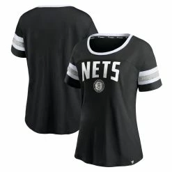 Hot Sale ✨ Women's Fanatics Branded Black/Heathered Gray Brooklyn Nets Block Party Striped Sleeve T-Shirt 😉 -women‘s clothing store unnamed file 1554
