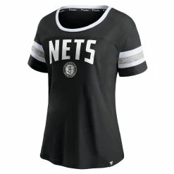 Hot Sale ✨ Women's Fanatics Branded Black/Heathered Gray Brooklyn Nets Block Party Striped Sleeve T-Shirt 😉 -women‘s clothing store unnamed file 1555