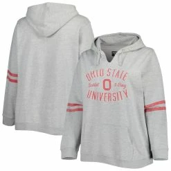 Deals 🌟 Profile 👩 Women's Heather Gray/Scarlet Ohio State Buckeyes Plus Size Distressed Sleeve Stripe Pullover Hoodie 🛒