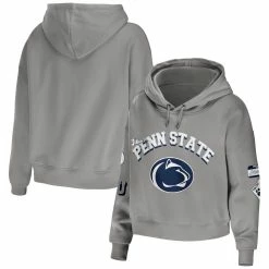 Cheapest 👏 Women's WEAR By Erin Andrews Gray Penn State Nittany Lions Mixed Media Cropped Pullover Hoodie ❤️