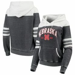 Coupon 💯 Camp David 👩 Women's Heathered Charcoal/White Nebraska Huskers Blitz Sleeve Striped Blocked Raglan Hoodie 🤩