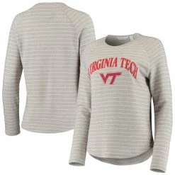 Outlet ⭐ Camp David 👩 Women's Heathered Gray Virginia Tech Hokies Seaside Striped French Terry Raglan Pullover Sweatshirt ✔️