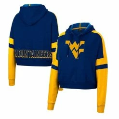 Flash Sale 👍 Women's Colosseum Heather Navy West Virginia Mountaineers Throwback Stripe Arch Logo Cropped Pullover Hoodie 🔔 -women‘s clothing store unnamed file 2107