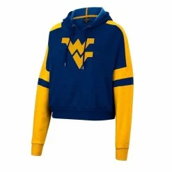 Flash Sale 👍 Women's Colosseum Heather Navy West Virginia Mountaineers Throwback Stripe Arch Logo Cropped Pullover Hoodie 🔔 -women‘s clothing store unnamed file 2108