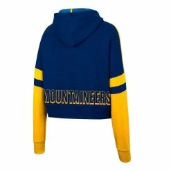 Flash Sale 👍 Women's Colosseum Heather Navy West Virginia Mountaineers Throwback Stripe Arch Logo Cropped Pullover Hoodie 🔔 -women‘s clothing store unnamed file 2109