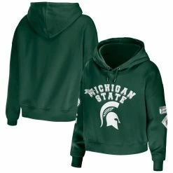 Best Sale 😍 Women's WEAR By Erin Andrews Green Michigan State Spartans Mixed Media Cropped Pullover Hoodie 💯