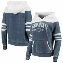 Deals 👏 Camp David 👩 Women's Heathered Navy/White Penn State Nittany Lions Blitz Sleeve Striped Blocked Raglan Hoodie 😍