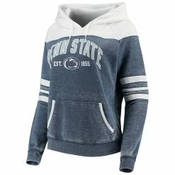 Deals 👏 Camp David 👩 Women's Heathered Navy/White Penn State Nittany Lions Blitz Sleeve Striped Blocked Raglan Hoodie 😍 -women‘s clothing store unnamed file 2190