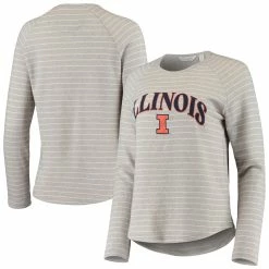 New 🎁 Camp David 👩 Women's Heathered Gray Illinois Fighting Illini Seaside Striped French Terry Raglan Pullover Sweatshirt ✔️
