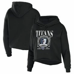 Best Sale 😀 Women's WEAR By Erin Andrews Black Tennessee Titans Cropped Sponge Fleece Pullover Hoodie 😉