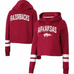Best Pirce ✔️ Women's Colosseum Cardinal Arkansas Razorbacks Throwback Stripe Cropped Pullover Hoodie 🤩