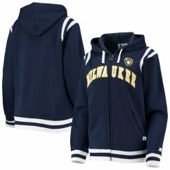 Cheap 🔔 Women's Starter Navy Milwaukee Brewers Vintage Full-Zip Hoodie 😀