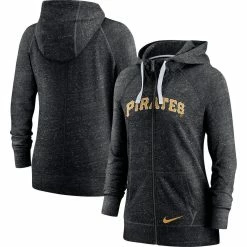 Brand new 🛒 Women's Nike Heathered Black Pittsburgh Pirates Wordmark Gym Vintage Raglan Full-Zip Hoodie 🔔