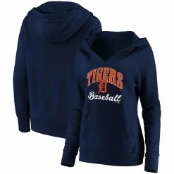 New 👍 Women's Fanatics Branded Navy Detroit Tigers Victory Script Crossover Neck Pullover Hoodie 👏
