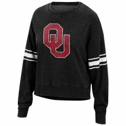 Wholesale 💯 Women's Top Of The World Black Oklahoma Sooners Camden Sleeve Stripe Washed Pullover Sweatshirt 🧨 -women‘s clothing store unnamed file 2663