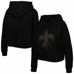 Best Pirce 🥰 Women's Cuce Black New Orleans Saints Crystal Logo Cropped Pullover Hoodie ⭐