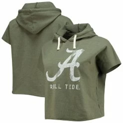 Cheapest 🔔 Women's Original Retro Brand Olive Alabama Crimson Tide Cropped Tri-Blend Short Sleeve Pullover Hoodie 😉