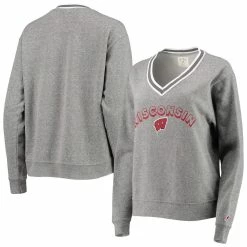Outlet ⭐ Women's League Collegiate Wear Heathered Gray Wisconsin Badgers Victory Springs Tri-Blend V-Neck Pullover Sweatshirt 🔥