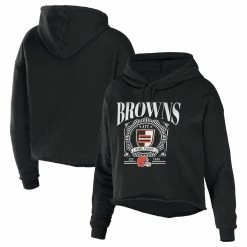 Buy 👍 Women's WEAR By Erin Andrews Black Cleveland Browns Cropped Sponge Fleece Pullover Hoodie 🎉