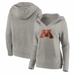 Hot Sale 🔥 Women's Fanatics Branded Heather Gray Minnesota Golden Gophers Primary Logo V-Neck Pullover Hoodie 😍