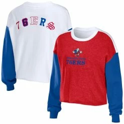 Hot Sale 💯 Women's WEAR By Erin Andrews Heather Red Philadelphia 76ers Mixed Letter Cropped Pullover Sweatshirt 😀 -women‘s clothing store unnamed file 2950