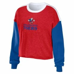 Hot Sale 💯 Women's WEAR By Erin Andrews Heather Red Philadelphia 76ers Mixed Letter Cropped Pullover Sweatshirt 😀 -women‘s clothing store unnamed file 2951