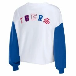 Hot Sale 💯 Women's WEAR By Erin Andrews Heather Red Philadelphia 76ers Mixed Letter Cropped Pullover Sweatshirt 😀 -women‘s clothing store unnamed file 2952