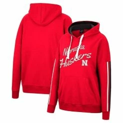 Best reviews of 😉 Women's Colosseum Scarlet Nebraska Huskers Serena Oversized Sleeve Striping V-Neck Pullover Hoodie 🥰