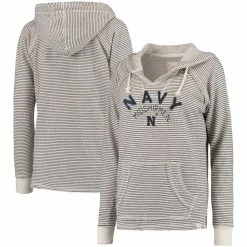 Wholesale 👍 Women's Blue 84 Cream Navy Midshipmen Striped French Terry V-Neck Hoodie 😍