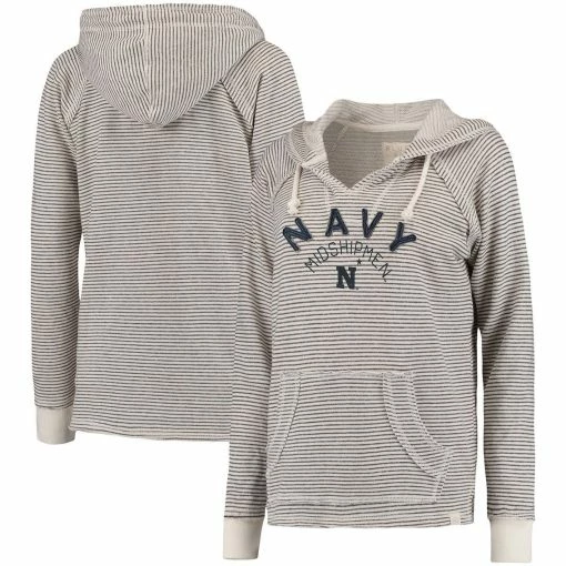 Wholesale 👍 Women's Blue 84 Cream Navy Midshipmen Striped French Terry V-Neck Hoodie 😍 -women‘s clothing store unnamed file 2957