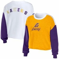 Wholesale 😍 Women's WEAR By Erin Andrews Heather Gold Los Angeles Lakers Mixed Letter Cropped Pullover Sweatshirt 👏 -women‘s clothing store unnamed file 2966