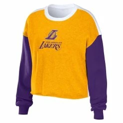 Wholesale 😍 Women's WEAR By Erin Andrews Heather Gold Los Angeles Lakers Mixed Letter Cropped Pullover Sweatshirt 👏 -women‘s clothing store unnamed file 2967