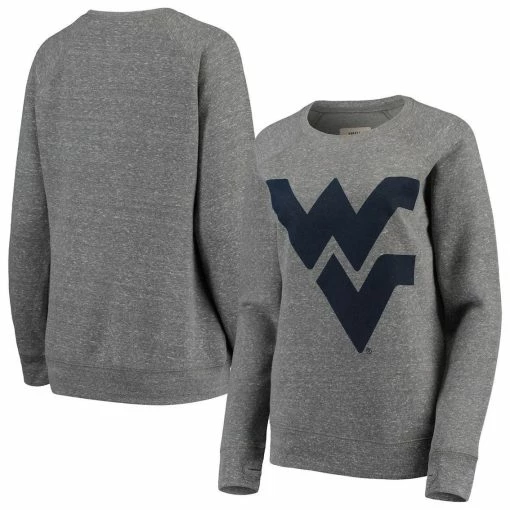 New 🔔 Women's Pressbox Heathered Gray West Virginia Mountaineers Big Team Logo Knobi Fleece Tri-Blend Crew Neck Sweatshirt ✨ -women‘s clothing store unnamed file 2978