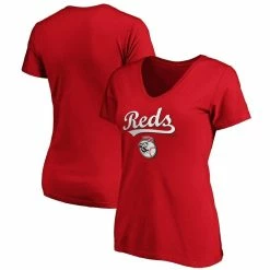 Hot Sale ✨ Women's Fanatics Branded Red Cincinnati Reds Team Logo Lockup V-Neck T-Shirt ✨