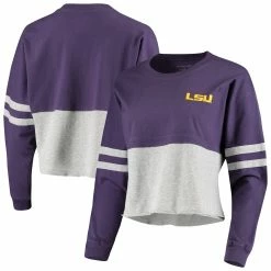 Discount 👏 Boxercraft 👩 Women's Purple/Gray LSU Tigers Cropped Retro Jersey Long Sleeve T-Shirt 🌟