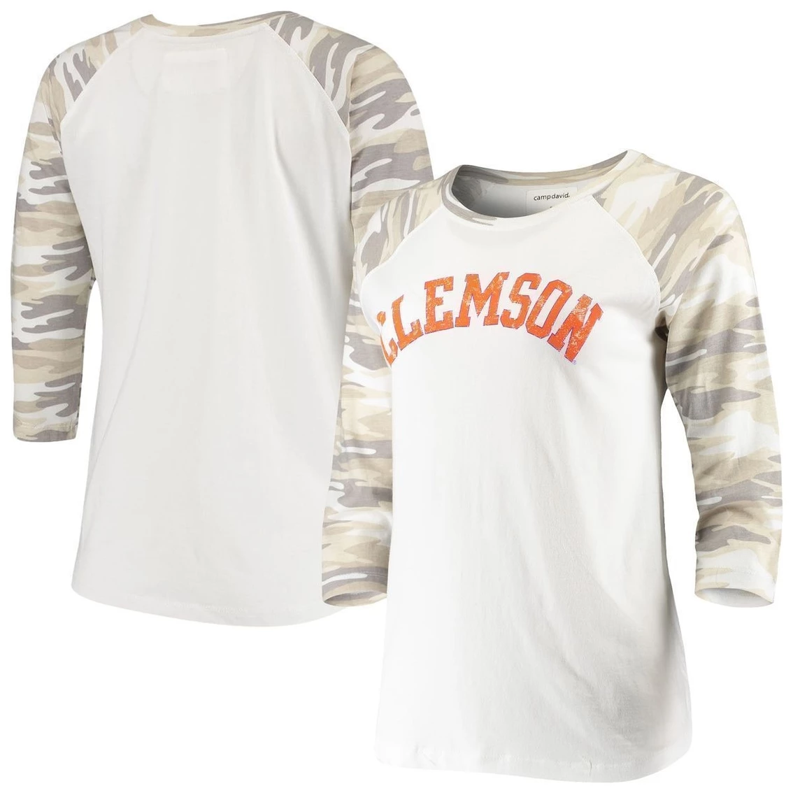 Budget βοΈ Camp David π© Women's White/Camo Clemson Tigers Boyfriend βΎ Baseball Raglan 3/4-Sleeve T-Shirt π€© 4 Budget βοΈ Camp David π© Women's White/Camo Clemson Tigers Boyfriend βΎ Baseball Raglan 3/4-Sleeve T-Shirt π€© - Image 2