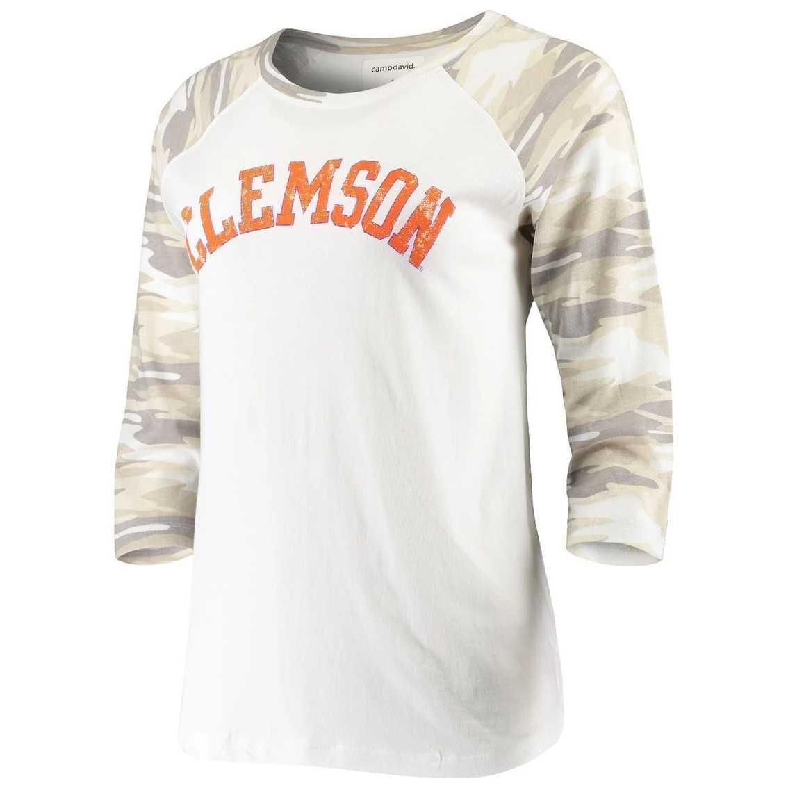 Budget βοΈ Camp David π© Women's White/Camo Clemson Tigers Boyfriend βΎ Baseball Raglan 3/4-Sleeve T-Shirt π€© 5 Budget βοΈ Camp David π© Women's White/Camo Clemson Tigers Boyfriend βΎ Baseball Raglan 3/4-Sleeve T-Shirt π€© - Image 3
