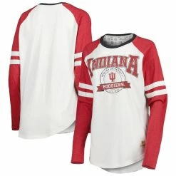 Hot Sale ⌛ Women's Pressbox White/Crimson Indiana Hoosiers Brooking Sleeve Stripe Raglan Long Sleeve T-Shirt ⌛