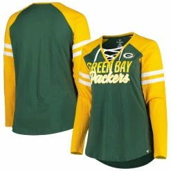Best deal ⭐ Women's Fanatics Branded Green/Gold Green Bay Packers Plus Size True To Form Lace-Up V-Neck Raglan Long Sleeve T-Shirt 👍