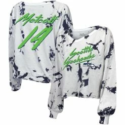 Best Pirce ✔️ Women's Majestic Threads DK Metcalf White Seattle Seahawks Off-Shoulder Tie-Dye Name & Number Long Sleeve V-Neck Crop-Top T-Shirt 👍
