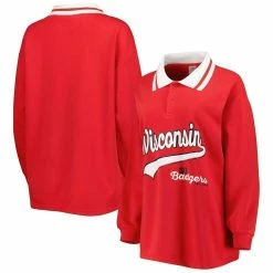 Buy 💯 Women's Gameday Couture Red Wisconsin Badgers Happy Hour Long Sleeve Polo 🔔